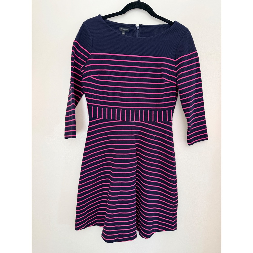 Talbots Petites Navy Pink Striped Ottoman Knit Fit Flare Dress SP 3/4 Sleeve